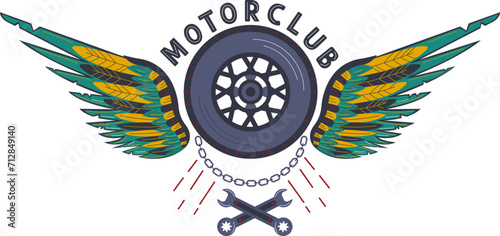 Logo for motor enthusiasts club with winged wheel and crossed wrenches. Emblem for biker group or automotive community. Speed and freedom concept vector illustration.
