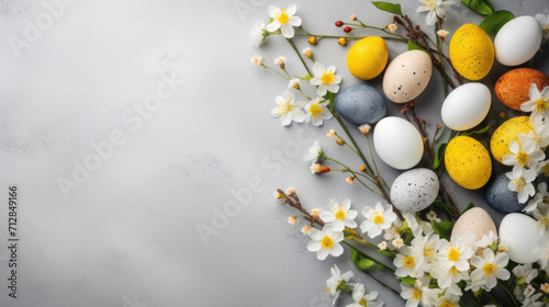 Festive Easter arrangement with colorful eggs and white spring flowers on a textured gray surface, symbolizing renewal and joy.