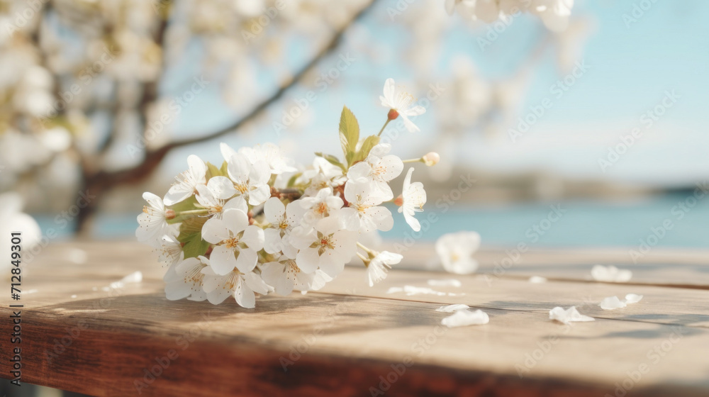 Fresh cherry blossoms laid on a wooden surface with a tranquil water backdrop, signifying spring's arrival.