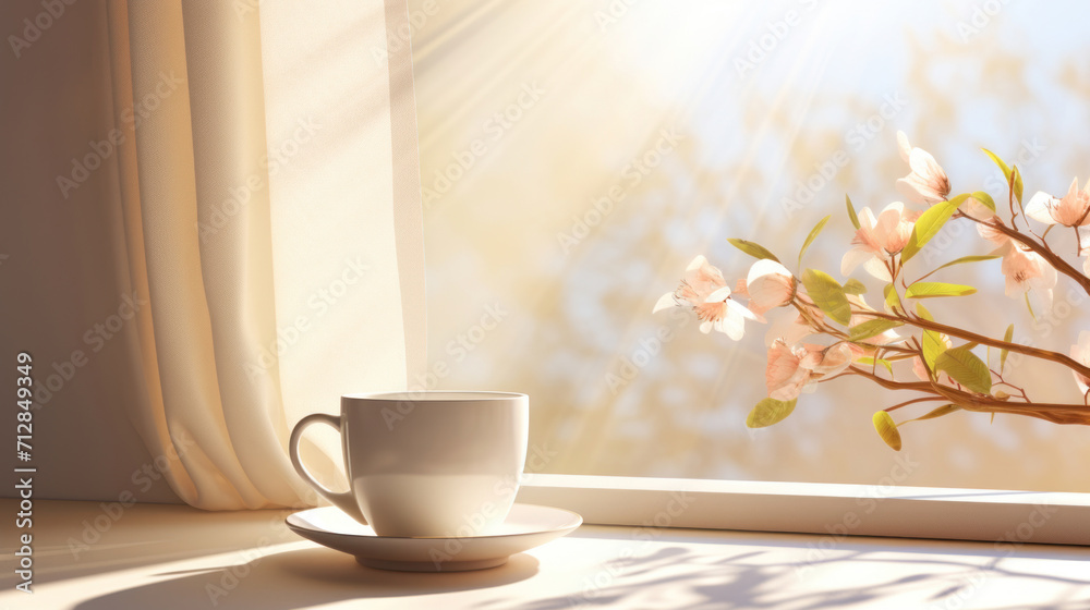Sunlight streams onto a tranquil scene of a coffee cup and soft pink spring blossoms on a window sill. Sunlight streams onto a tranquil scene of a coffee cup and soft pink spring blossoms on a window sill.