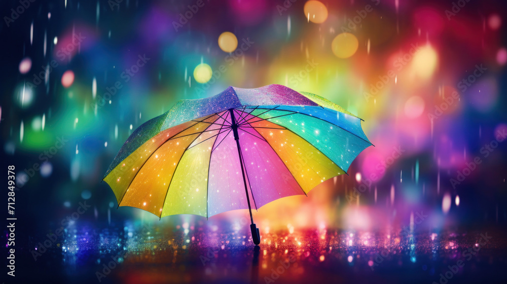 A vibrant multi-colored umbrella stands out against a backdrop of glistening raindrops and festive bokeh lights.