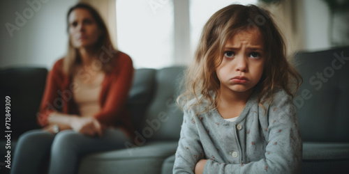 A young girl appears upset during a timeout with a concerned mother in the background, depicting a common family dynamic. © tashechka