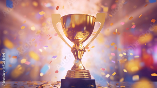 A gleaming golden trophy cup illuminated by celebratory bokeh and floating confetti, symbolizing victory and achievement.