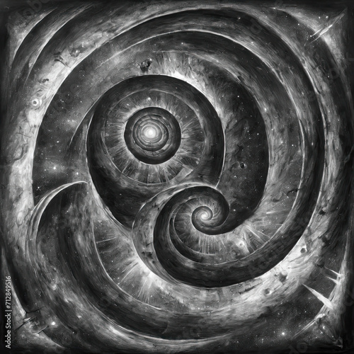 Hypnotic Psychedelic Trip - Abstract Charcoal Illustration of Self-Discovery, Broken Mirrors, Spiral, and Galaxy Gen AI photo