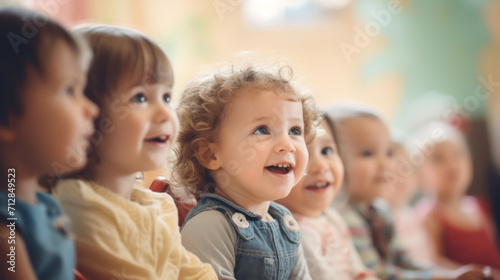 A group of young toddlers seated together, looking forward with big smiles and a sense of wonder.