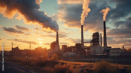 A photo of the factory smokestacks at sunset showcases the beauty within industrialization