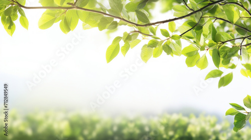 Lush green leaves on a branch with a soft blurred light background, symbolizing growth and nature. © tashechka