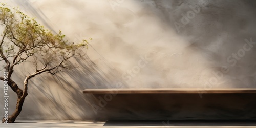 Concrete table with tree shadow on wall background, suitable for product presentation.