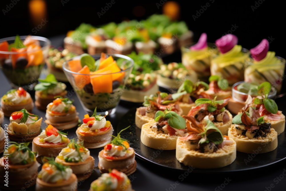 Buffet food catering food party at restaurant mini canapes snacks and appetizers