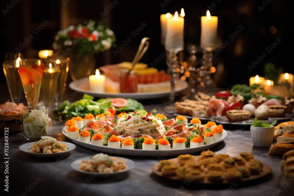 Buffet food catering food party at restaurant mini canapes snacks and appetizers Buffet food catering food party at restaurant mini canapes snacks and appetizers