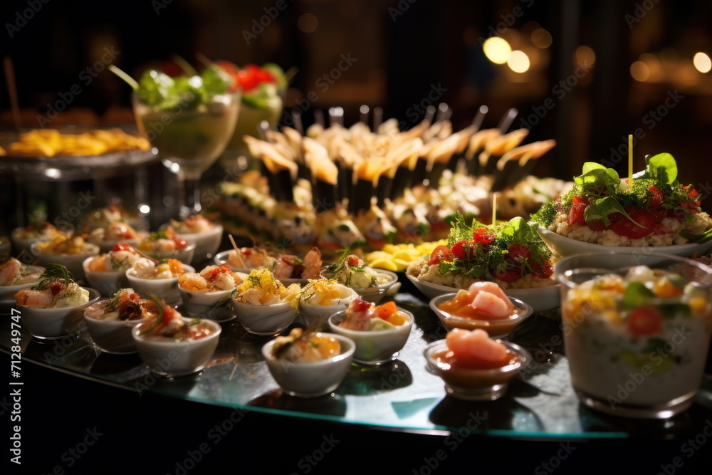 Naklejka premium Buffet food catering food party at restaurant mini canapes snacks and appetizers