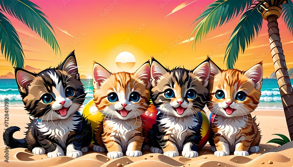adorable Kittens smiling under palm tree on the beach, Generative AI