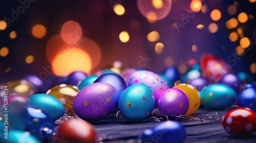 Vibrant Easter eggs in various colors presented on a dark background with soft bokeh lights creating a festive atmosphere.