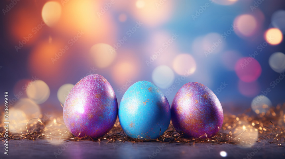 Easter eggs painted with a galaxy theme, nestled on a nest with a starry, cosmic background. Easter eggs painted with a galaxy theme, nestled on a nest with a starry, cosmic background.