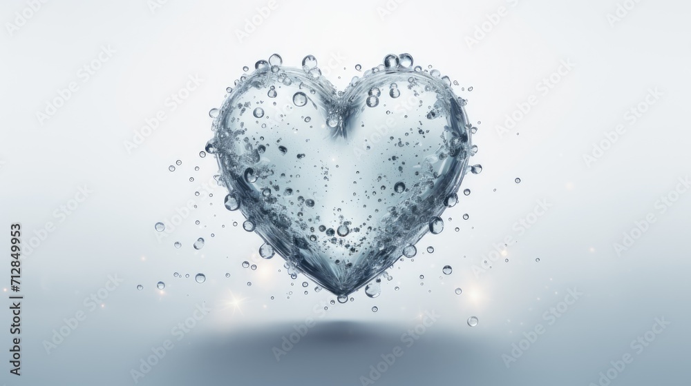 A glass heart in drops of water on a light background.