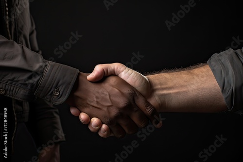 A European man shakes hands with a dark-skinned man on a dark background.