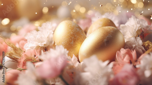 Golden Easter eggs hidden amongst soft pink spring flowers, symbolizing prosperity and the joy of Easter.