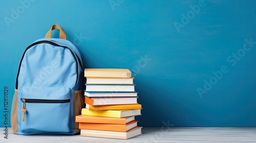 School backpack with books isolated on blue background with copy space. Back to school concept.