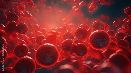 Vivid close-up rendering of red blood cells in a blood vessel with a focus on the texture and cellular structure, highlighting medical and biological themes. photo
