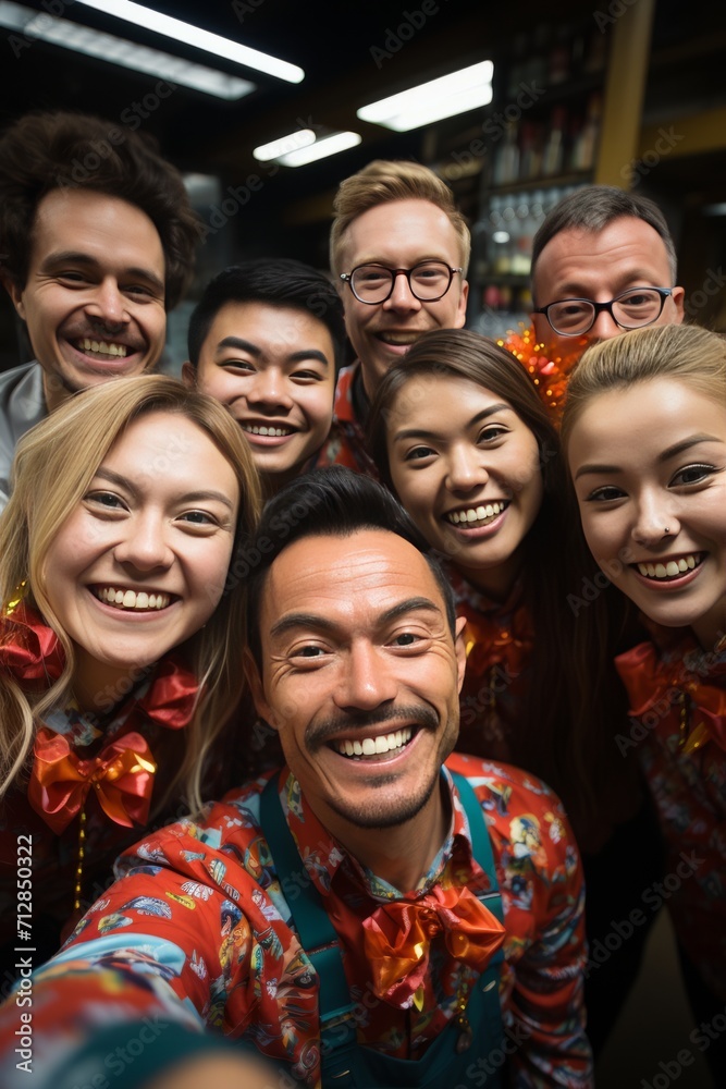 Colleagues in festive attire celebrating New Year's Eve in the office, Generative AI