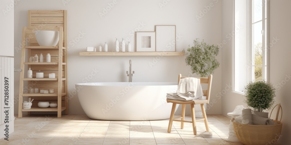 Fototapeta premium Scandinavian bathroom with vintage white interior design, shown in .