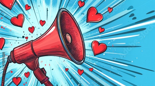megaphone with valentines day hearts on blue background