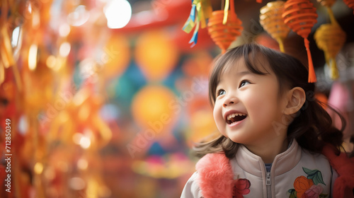 Warm Festival Moments : A girl who is excited in the New Year festival atmosphere
