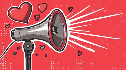 megaphone with valentines day hearts on light red background