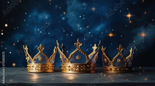 A collection of ornate royal crowns adorned with sparkles against a mystical blue background.