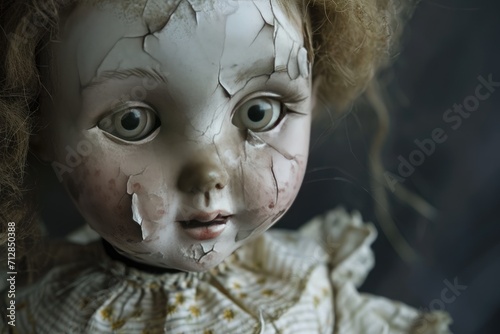 A haunted doll with cracked porcelain and a ghostly presence Old mystical scary horror doll