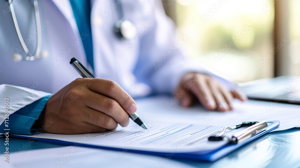 A doctor filling out a medical documentation form. Doctor signing patient records or writing prescription. A doctor filling out a medical documentation form. Doctor signing patient records or writing prescription.