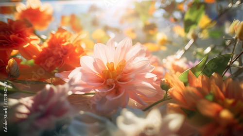 Vibrant orange flowers bloom under a warm sunlight, creating a dreamy, soft-focused nature scene filled with life. © tashechka