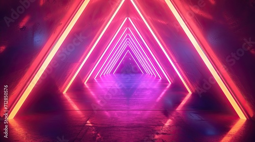 Neon light abstract background. Triangle tunnel or corridor sepia colors neon glowing lights.
