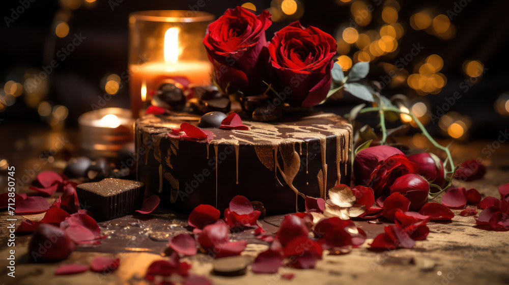 Chocolate Valentines with rose, flower and decoration on luxury background. Assortment chocolates confectionery concept. Festive gourmet chocolates for valentine's day, wedding. Generative AI
