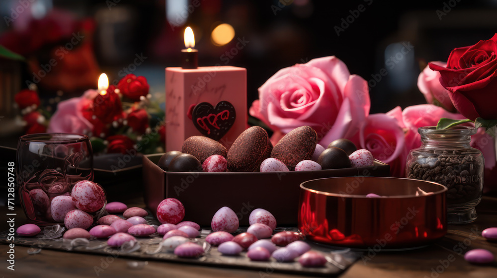 Chocolate Valentines with rose, flower and decoration on luxury background. Assortment chocolates confectionery concept. Festive gourmet chocolates for valentine's day, wedding. Generative AI