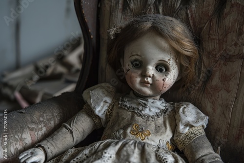 A haunted doll with cracked porcelain and a ghostly presence Old mystical scary horror doll photo