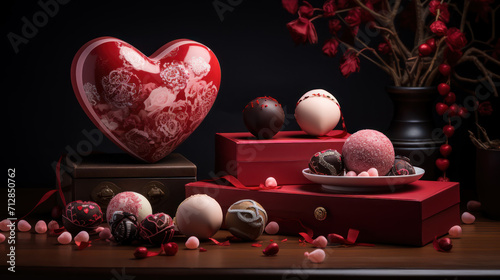Chocolate Valentines with rose, flower and decoration on luxury background. Assortment chocolates confectionery concept. Festive gourmet chocolates for valentine's day, wedding. Generative AI