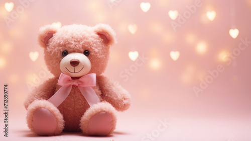 A charming pink teddy bear with a satin bow, sitting before a romantic heart-shaped bokeh background. © tashechka