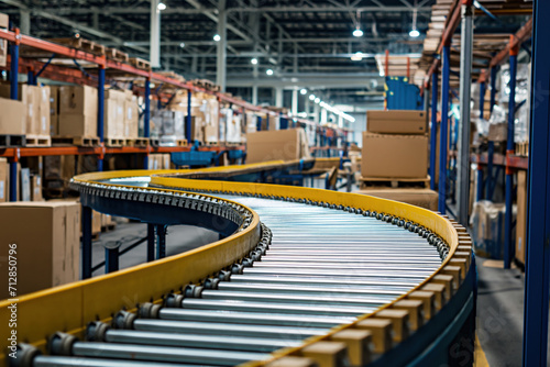 In sorting warehouse, conveyor belts are used as conveyor system AI Generation