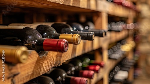 Premium wine in storage wooden shelf.