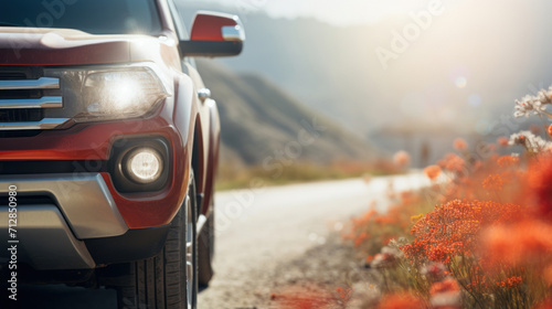 A red SUV parked on the side of a road lined with bright orange wildflowers, with mountains in the soft-focus background.