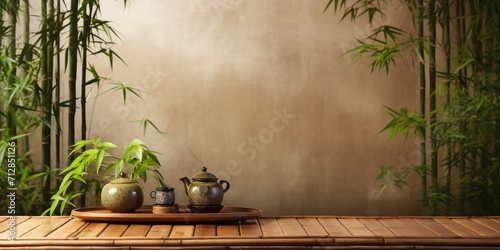 Empty teak wood tea table with bamboo plants, Chinese pattern screen, morning sunlight. Blank space for product display backdrop, Japanese.
