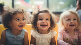 A joyful trio of toddlers with curly hair laughing and enjoying each other's company.