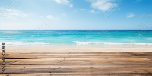 Wood table on beach background - ideal for showcasing products.