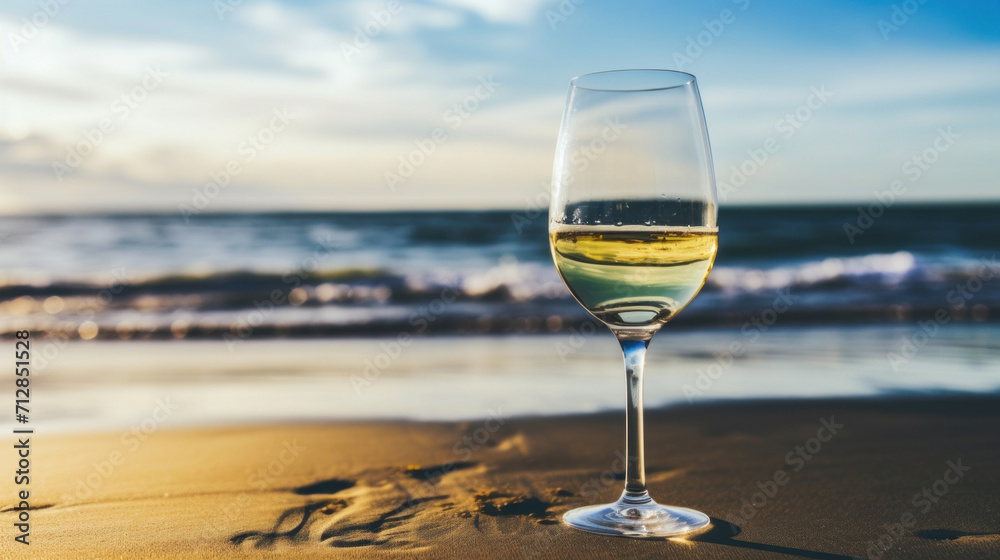 A serene beach scene with a glass of white wine on the sand, reflecting the tranquil ocean backdrop.