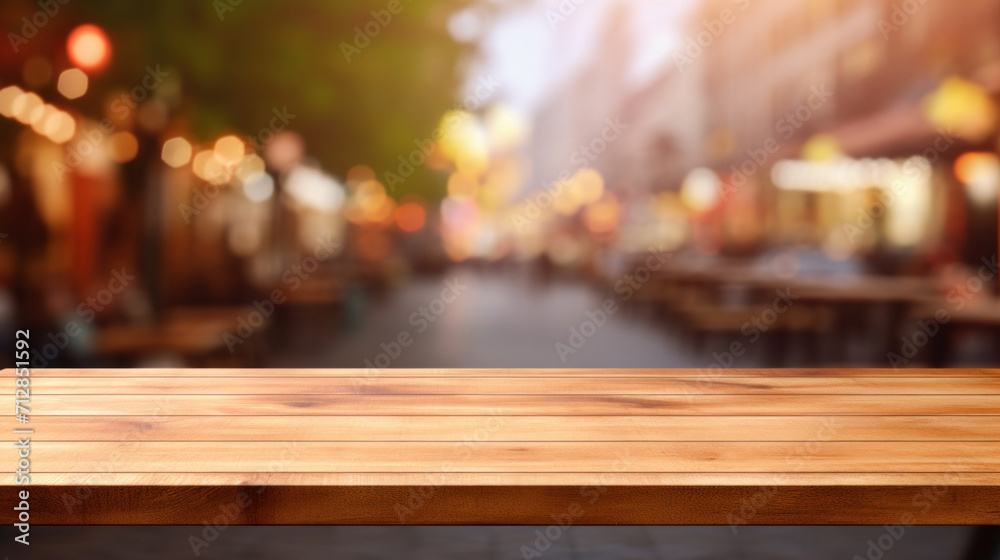 Warm wooden tabletop with a vibrant blurred street scene in the background at dusk.