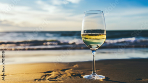 A serene beach scene with a glass of white wine on the sand, reflecting the tranquil ocean backdrop.