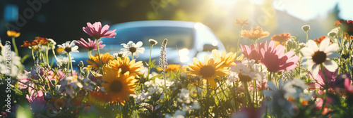 A field of vibrant wildflowers bathed in sunlight with the soft focus on a car in the warm, glowing background.