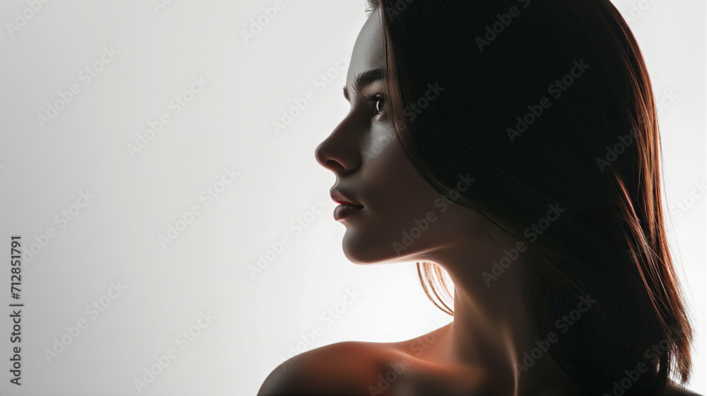 portrait of beautiful natural woman with a white background silhouette brunette - obrazy, fototapety, plakaty 