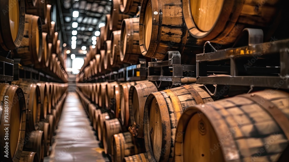 Whiskey barrels, bourbon barrels, scotch barrels and wine barrels in an aging facility.